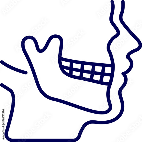 temporomandibular joint (TMJ) symbol icon. Temporomandibular joint dysfunction syndrome. Side view of a Human skull. Educational scheme illustrating TMJ disorder as a labeled jaw condition vector