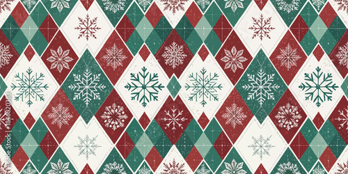 A festive diamond-patterned design featuring snowflakes in red, green, and white.