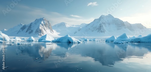 Wallpaper Mural Scenic view of icebergs floating on water near snow covered mountains under a clear sky. Frozen landscape reflects the cold water and icy formations. Arctic scene depicts vast icy wilderness. Torontodigital.ca