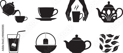 Collection of nine black vector icons representing tea and beverages teapot drink