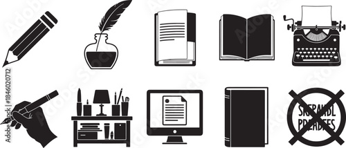 Collection of nine black vector icons representing writing and reading tools book pencil