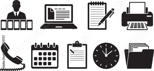 Collection of nine black vector office and business icons on white background silhouette