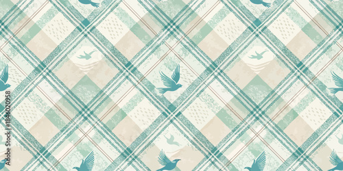 A seamless geometric pattern featuring turquoise birds on a soft plaid background.