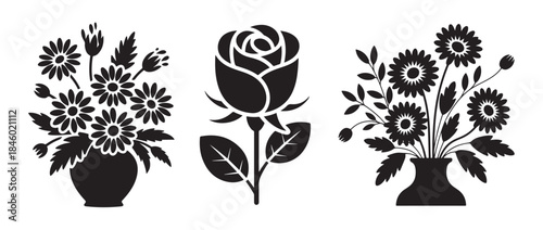 Three floral silhouettes featuring a rose and two daisy bouquets in vases for decorative designs