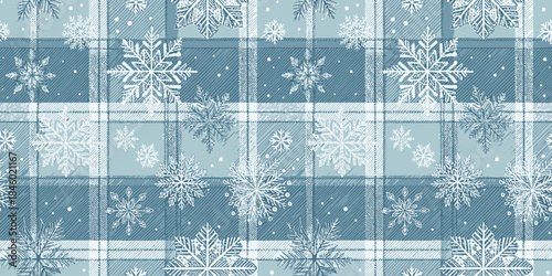 A serene blue and white plaid pattern featuring delicate snowflakes, perfect for winter-themed designs.