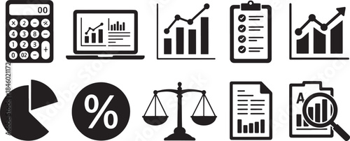 Collection of nine black vector icons representing business and finance concepts calculator laptop