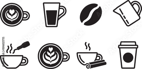 Black and white vector icons of coffee cups latte art bean and pitcher heart