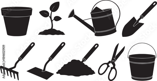 Black silhouette gardening tools plant pot watering can shovel rake scissors bucket vector