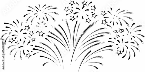 Celebratory fireworks display with starburst patterns in a black and white sketch