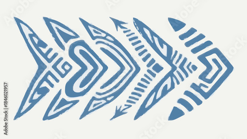 Set of blue vector fish icons and abstract nature patterns featuring sea water and tree symbols for creative sign design