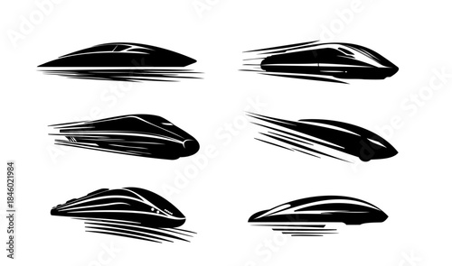 Futuristic Bullet Train Silhouette Set With Speed Lines