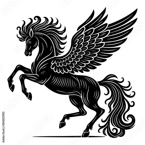 Pegasus Silhouette, Winged Horse in Bold Vintage Line Style