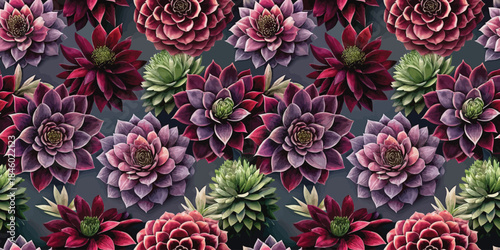 A stunning pattern of vibrant succulents in rich hues of red, purple, and green against a dark background.