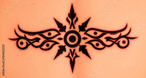 Vector illustration of a red tribal sun tattoo design on the belly of a pregnant woman in lingerie symbolizing beauty and baby care