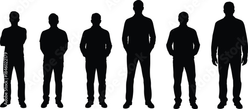 Black silhouette set of six standing men in different postures, diverse male figures vector illustration for design and scale