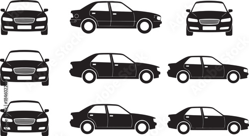 Black silhouette sedan car views front side rear isolated on white vector