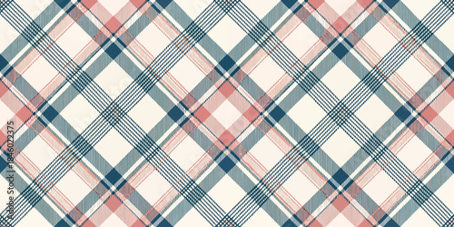 A stylish plaid pattern featuring blue, pink, and cream tones, perfect for fabric and design projects.