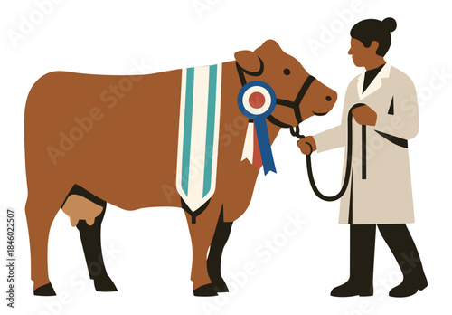 Prize Cow with Handler and Ribbon, Flat Vector Illustration