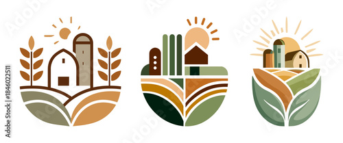 Modern Farm Logo Badge Set with Barn, Field and Sun