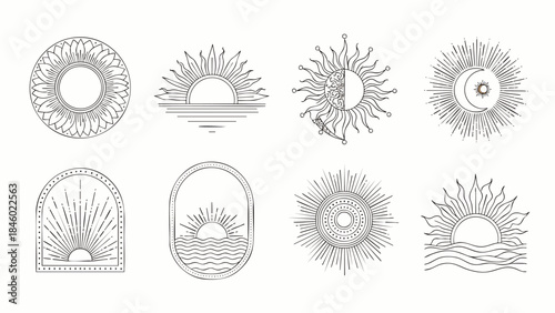 Collection of Celestial Sun and Moon Symbols, Boho Style Line Art, Mystical and Esoteric Graphics