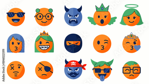 Collection of diverse and expressive cartoon emoji faces with various emotions and characters
