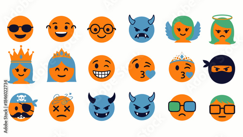 Collection of diverse emoji characters expressing various emotions and roles, including happy, sad, angry, and playful.