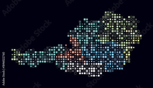 Austria, shape of the country build of colored cells. Digital style map of the Austria on dark background. Small size rounded square blocks. Classy vector illustration.