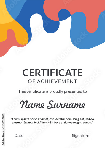 Vertical bussiness certificate of appreciation achievement with colorful organic shapes composition