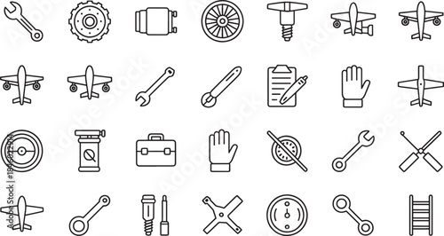 Collection of black line art icons of airplanes tools and mechanical parts aircraft wrench