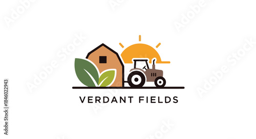 Sun Agriculture Farm Logo with Tractor and Barn – Rural Farming and Agribusiness Brand Identity