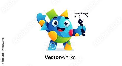 VectorWorks mascot holding pen, colorful design and illustration.