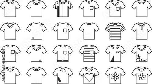 Collection of black outline t shirt icons with various styles and patterns t shirt clothing