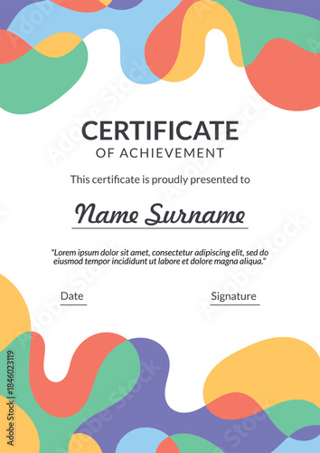 Vertical bussiness certificate of appreciation achievement with colorful organic shapes composition