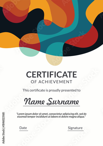 Vertical bussiness certificate of appreciation achievement with colorful organic shapes composition