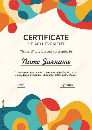 Vertical bussiness certificate of appreciation achievement with colorful organic shapes composition