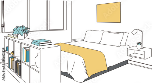 おしゃれでシンプルな寝室の線画イラスト