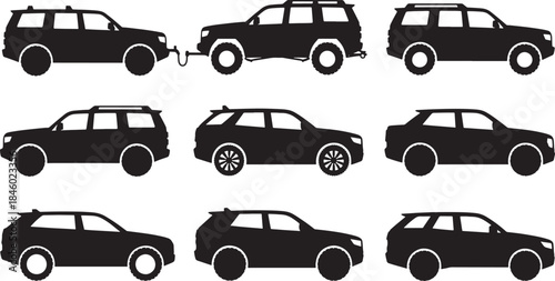 Nine black silhouette icons of S U Vs and off road vehicles white background