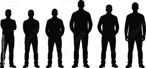 Six diverse men silhouettes standing together, vector graphic collection of adult male figures in different casual poses, isolated on white.