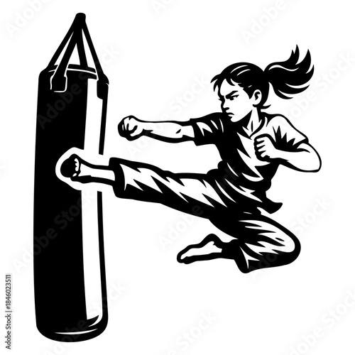 Female Fighter Flying Side Kick on Punching Bag Silhouette