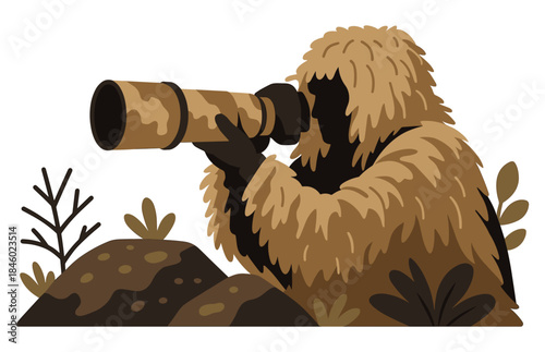 Wildlife Photographer in Camouflage with Telephoto Lens Vector