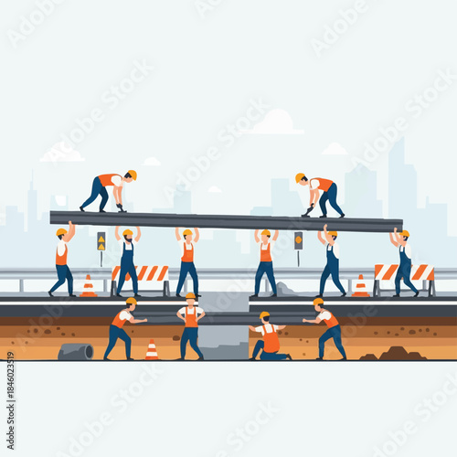 Construction workers building bridge with steel beams.