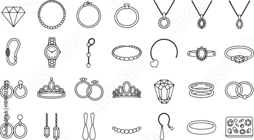 Collection of minimalist outline jewelry and accessories icons diamond