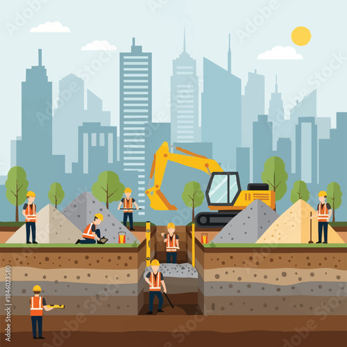 Construction site workers excavating with heavy machinery.