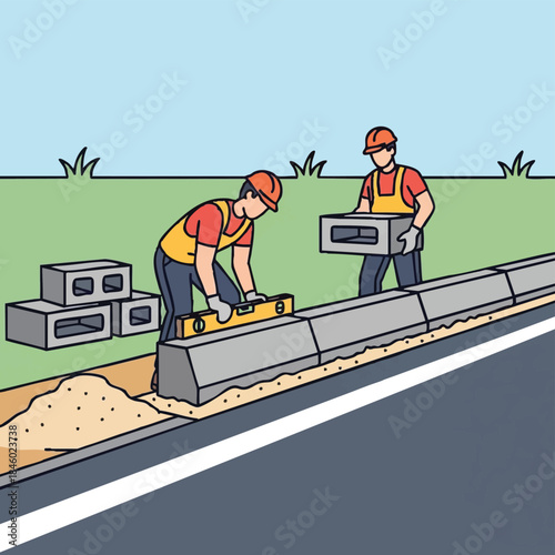 Construction workers building road barrier with concrete blocks.