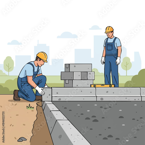 Construction Workers Building Concrete Wall.