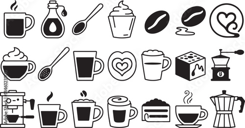 Collection of black and white minimalist coffee and dessert icons spoon coffee bean