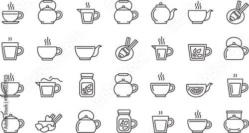 Collection of black line art vector icons representing tea cups teapots jars and spices hot drink steam