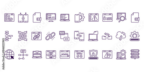programing and development web icon set line style, web, internet, connection, coding, error, file, search, database
