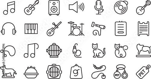 Collection of black outline icons for music and pets on white background vector