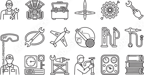 Collection of line art icons depicting aircraft maintenance tools and personnel airplane engine